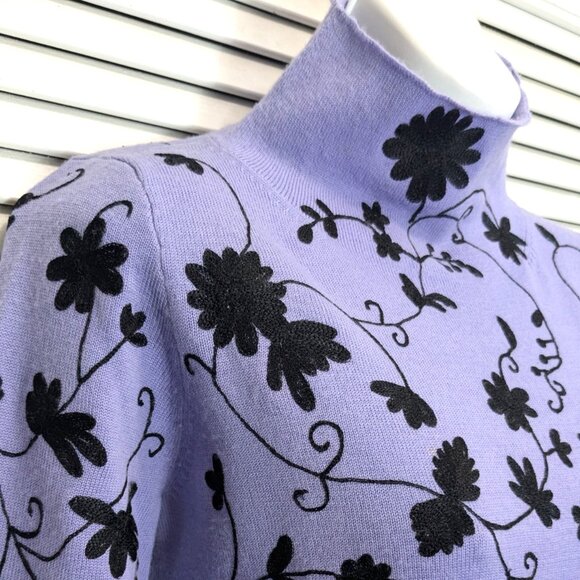 Embroidered Wool Sweater Lavender Ombre Black 90s Dana Buchman Luxury - Picture 4 of 16